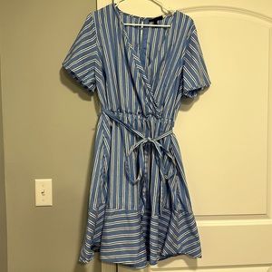 Blue with striped knee length dress with flattering removal tie